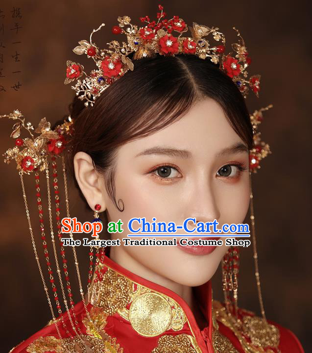 Chinese Ancient Palace Bride Red Flowers Hair Crown Wedding Hair Accessories Tassel Hairpins Headwear for Women