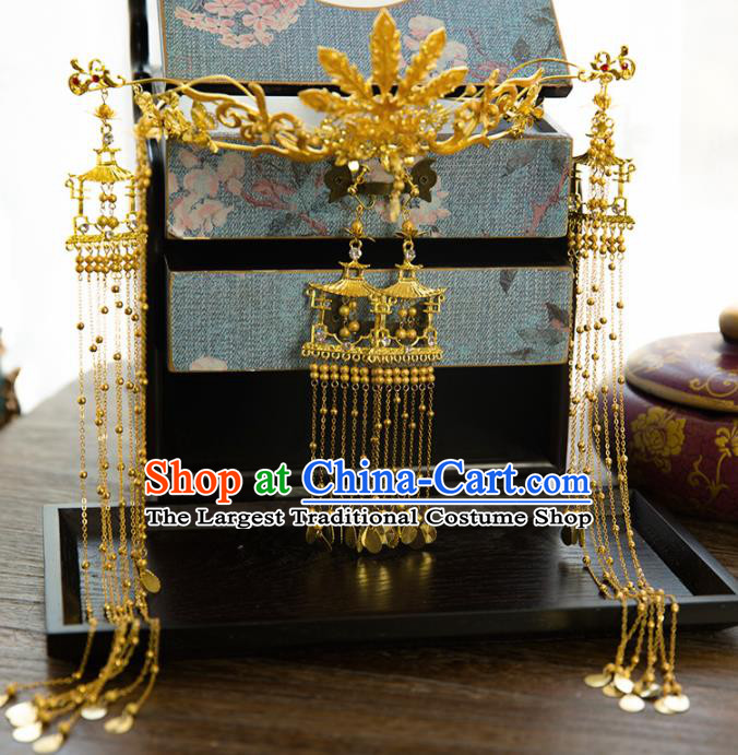 Chinese Ancient Palace Bride Hair Accessories Wedding Golden Phoenix Coronet Hairpins Headwear for Women