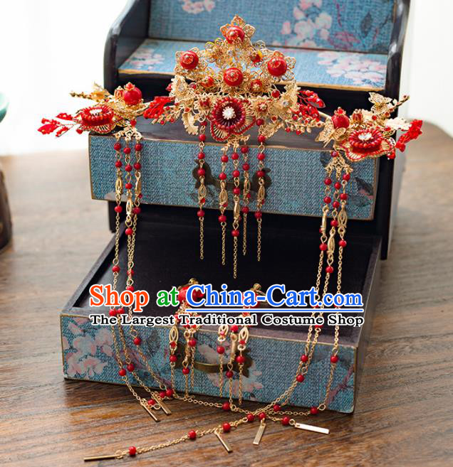 Chinese Ancient Palace Bride Hair Accessories Wedding Red Phoenix Coronet Hairpins Headwear for Women