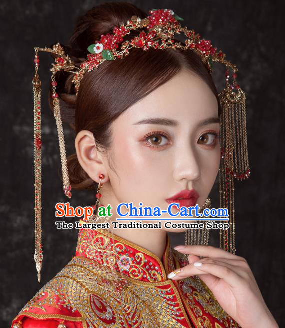 Chinese Ancient Palace Bride Hair Accessories Wedding Red Grape Phoenix Coronet Hairpins Headwear for Women