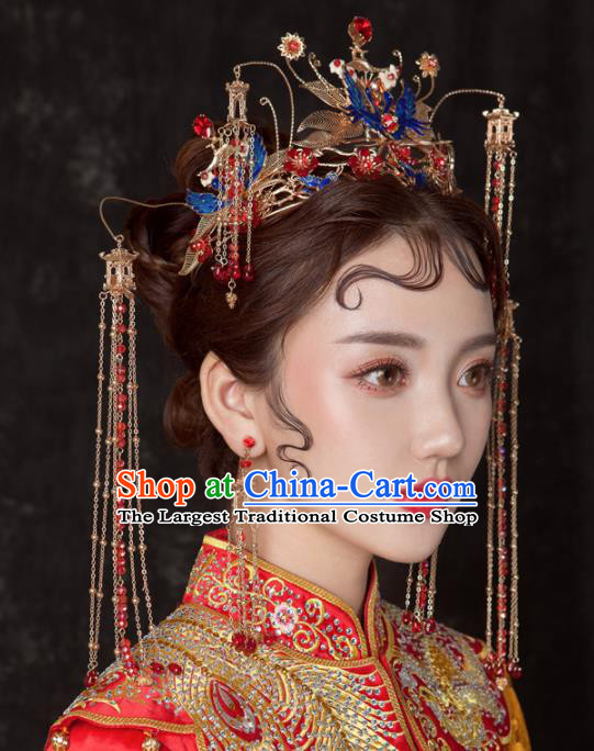 Chinese Ancient Palace Bride Hair Accessories Blueing Cranes Phoenix Coronet Hairpins Headwear for Women