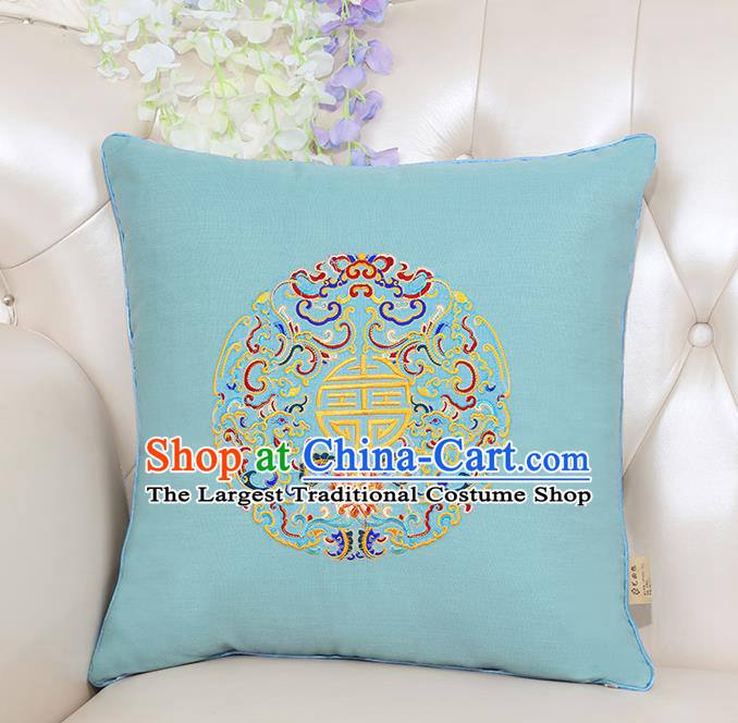 Chinese Classical Household Ornament Traditional Handmade Embroidered Blue Linen Cushion