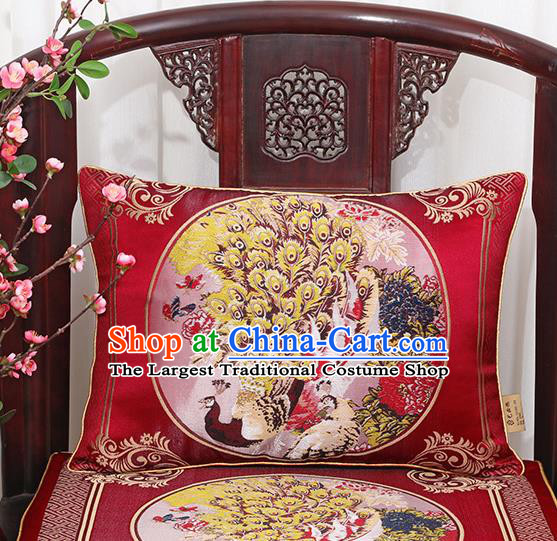 Chinese Classical Household Ornament Traditional Handmade Red Brocade Peacock Cushion Back Cushion