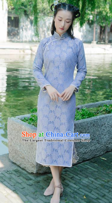 Chinese Traditional Costumes National Light Blue Qipao Dress Classical Cheongsam for Women