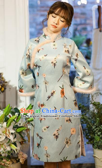 Chinese National Costumes Green Silk Qipao Dress Traditional Tang Suit Winter Cheongsam for Women