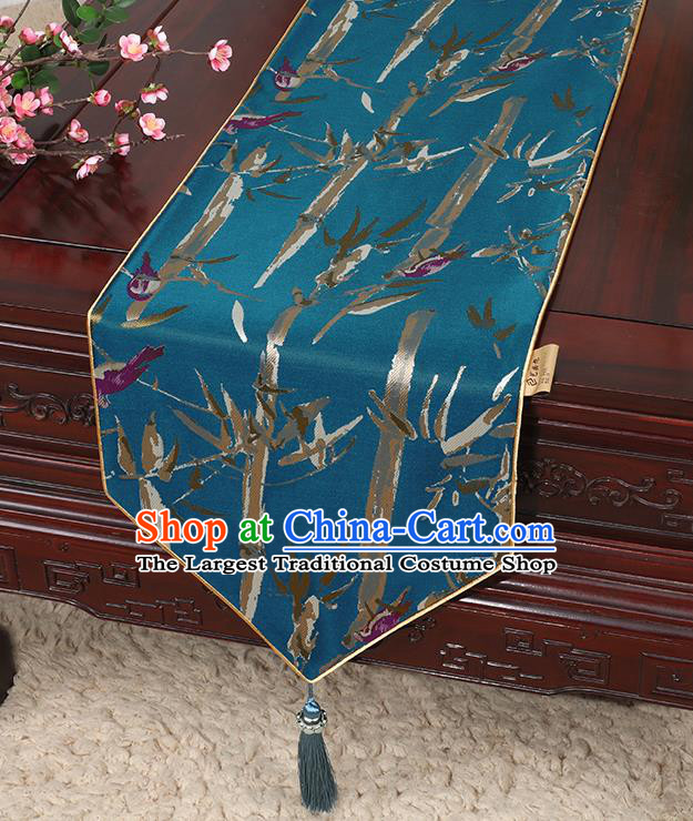 Chinese Classical Household Ornament Blue Brocade Table Flag Traditional Handmade Bamboo Pattern Table Cloth