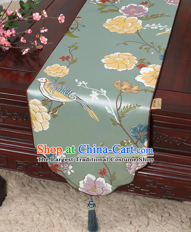 Chinese Classical Household Ornament Flowers and Bird Pattern Green Brocade Table Flag Traditional Handmade Table Cloth