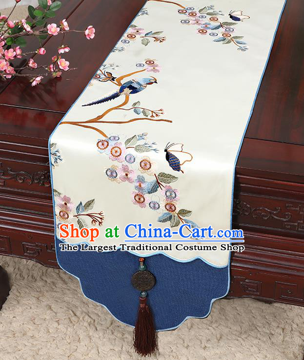 Chinese Classical Household Ornament Jade Pendant Tassel White Brocade Table Flag Traditional Handmade Table Cover Cloth