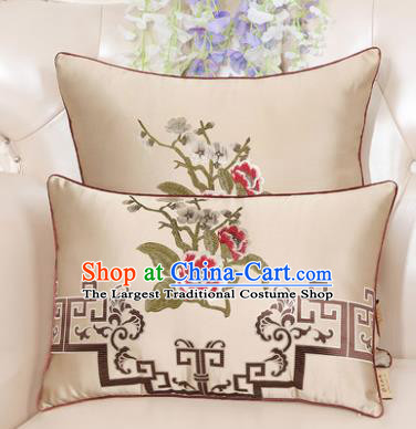 Chinese Classical Household Ornament Embroidered Peony Beige Brocade Back Cushion Traditional Handmade Waist Pillow