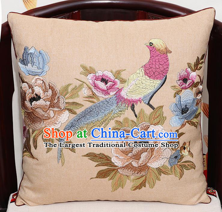 Chinese Classical Household Ornament Embroidered Bird Peony Back Cushion Cover