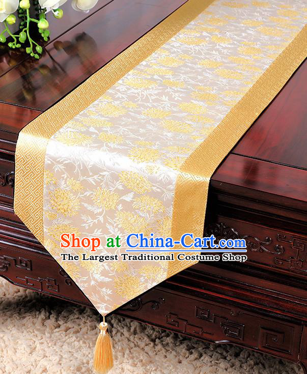 Chinese Traditional Table Cloth Classical Handmade Household Ornament Chrysanthemum Pattern Golden Brocade Table Flag