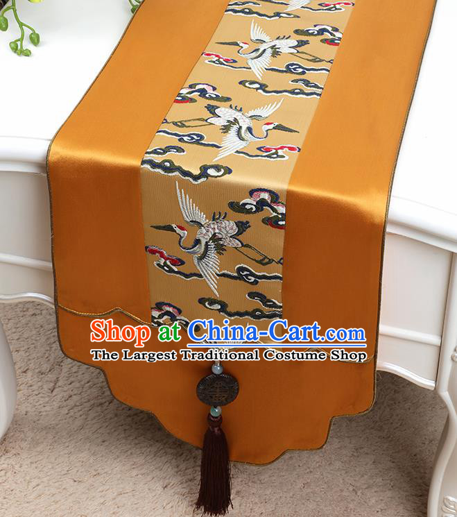 Chinese Traditional Golden Brocade Table Cloth Classical Embroidered Cranes Pattern Household Ornament Table Flag
