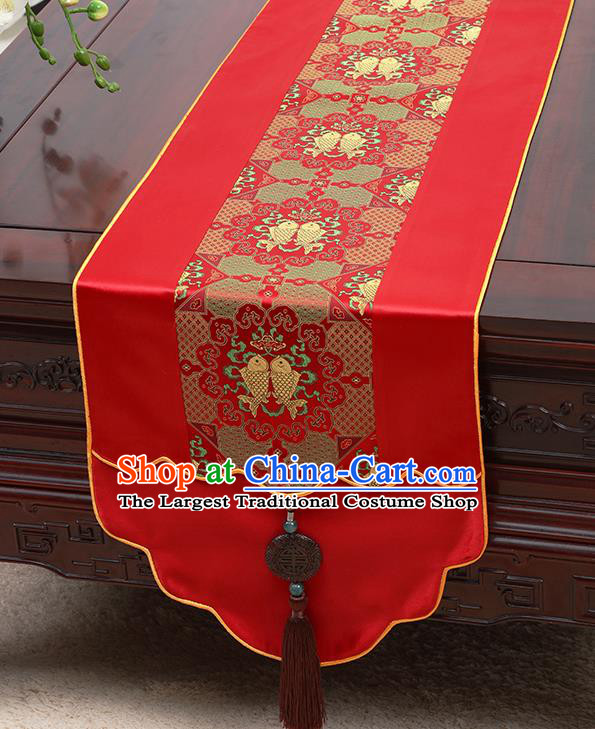 Chinese Traditional Red Brocade Table Cloth Classical Fishes Pattern Satin Household Ornament Table Flag