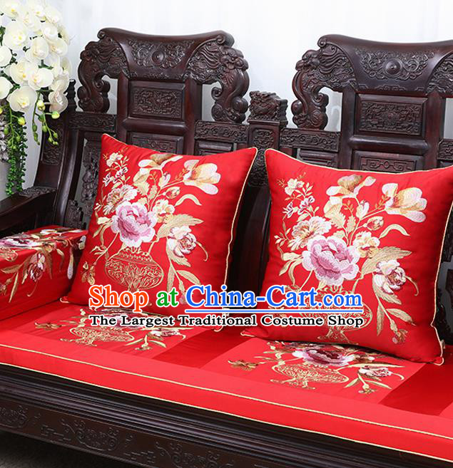 Chinese Traditional Embroidered Peony Red Brocade Back Cushion Cover Classical Household Ornament