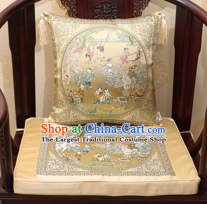 Chinese Classical Household Ornament Traditional Children Pattern Golden Brocade Cushion Cover and Armchair Mat Cover