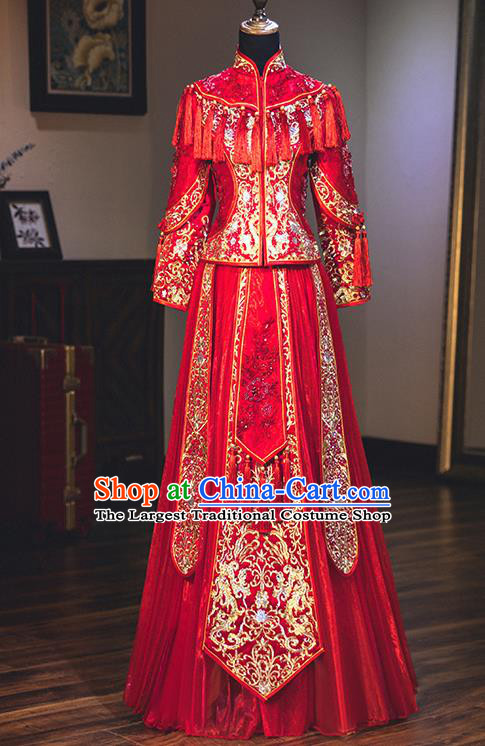 Chinese Traditional Embroidered Red Xiuhe Suits Ancient Bride Toast Wedding Costumes for Women