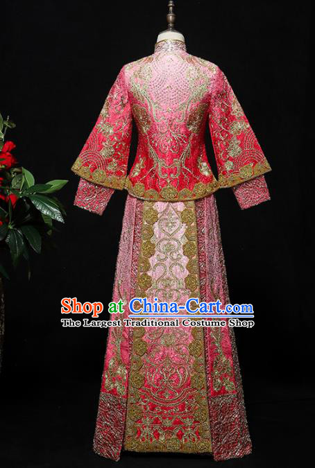 Chinese Traditional Bride Pink Xiuhe Suits Ancient Handmade Embroidered Wedding Costumes for Women