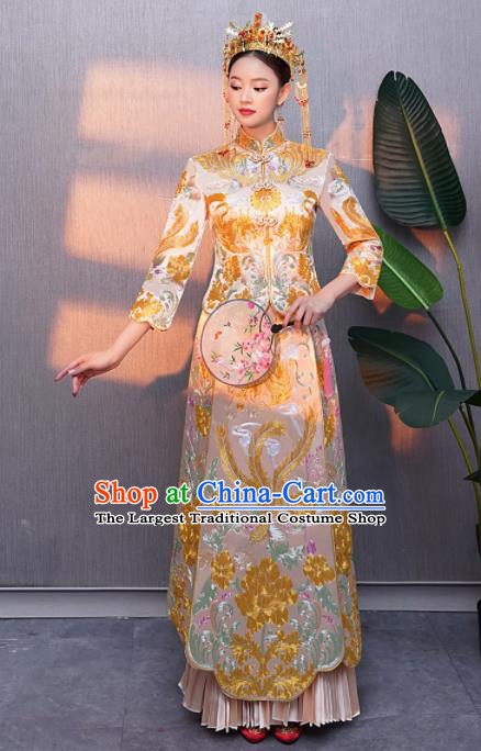 Chinese Traditional Bride Xiuhe Suits Ancient Handmade Embroidered Golden Peony Wedding Costumes for Women