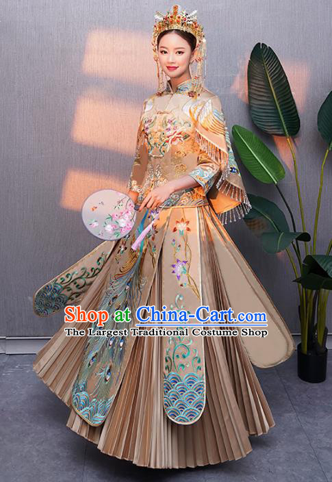Chinese Traditional Bride Embroidered Peacock Xiuhe Suits Ancient Handmade Wedding Costumes for Women