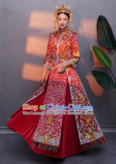 Chinese Traditional Bride Embroidered Red Xiuhe Suits Ancient Handmade Wedding Costumes for Women