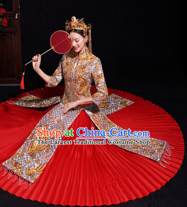 Chinese Traditional Bride Embroidered Diamante Xiuhe Suits Ancient Handmade Wedding Costumes for Women