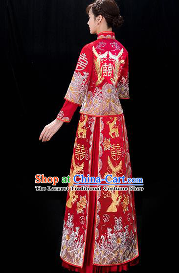 Chinese Traditional Bride Embroidered Phoenix Red Xiuhe Suits Ancient Handmade Wedding Costumes for Women