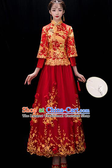 Chinese Traditional Bride Embroidered Red Veil Xiuhe Suits Ancient Handmade Wedding Costumes for Women