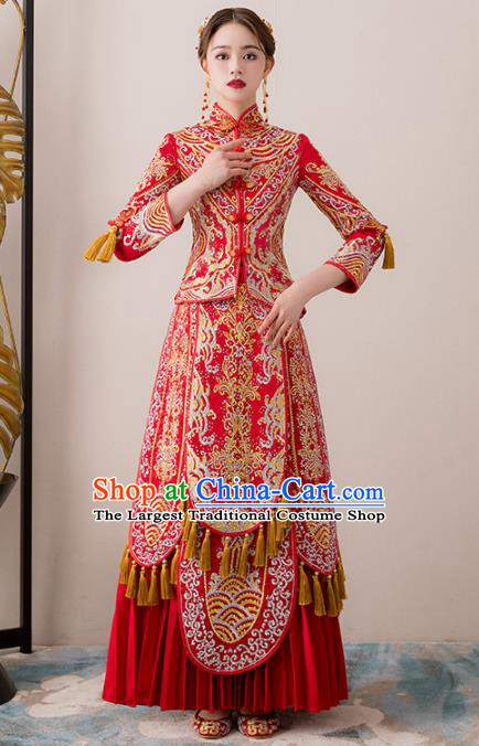 Chinese Traditional Bride Embroidered Diamante Xiuhe Suits Ancient Handmade Red Wedding Dresses for Women