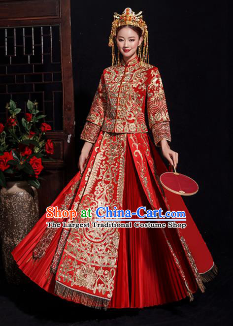 Chinese Traditional Bride Embroidered Tang Suit Xiuhe Suits Ancient Handmade Red Wedding Costumes for Women