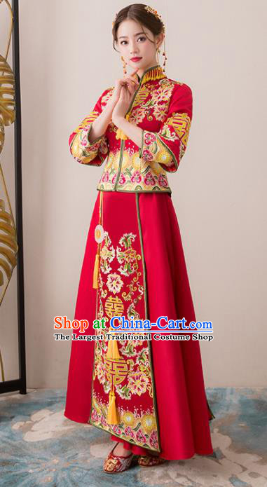Chinese Traditional Bride Embroidered Peony Cheongsam Ancient Handmade Xiuhe Suits Wedding Dress for Women