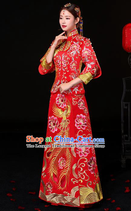 Chinese Traditional Embroidered Phoenix Peony Cheongsam Ancient Bride Handmade Xiuhe Suits Wedding Dress for Women