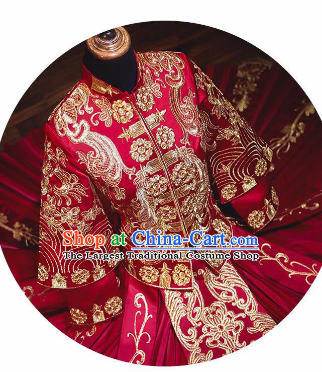 Chinese Traditional Embroidered Wedding Dress Cheongsam Ancient Bride Handmade Xiuhe Suits Costumes for Women