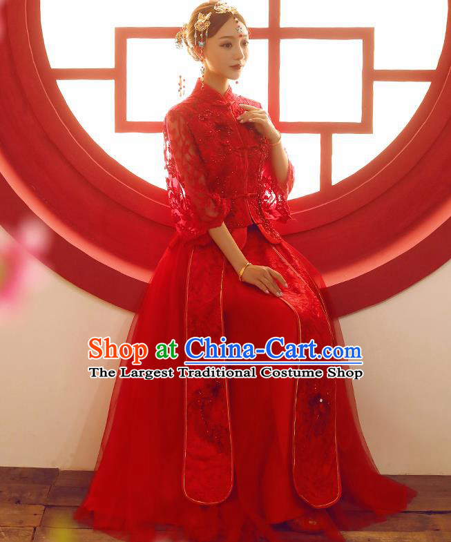 Chinese Traditional Wedding Dress Ancient Bride Embroidered Lace Xiuhe Suits Costumes for Women