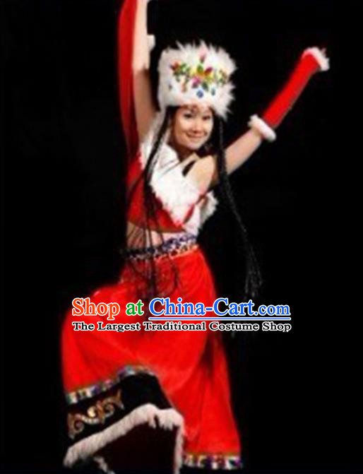 Chinese Traditional Folk Dance Costumes Zang Nationality Dance Red Clothing for Women