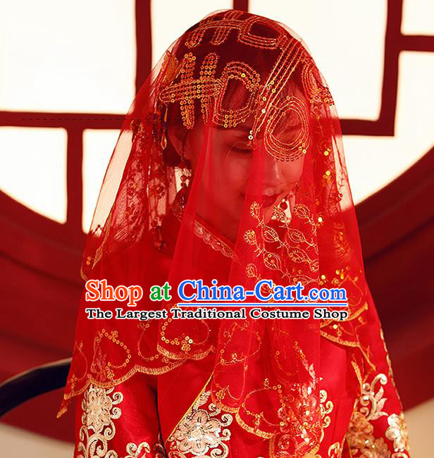 Chinese Traditional Wedding Hair Accessories Ancient Bride Red Veil Head Cover Headdress for Women
