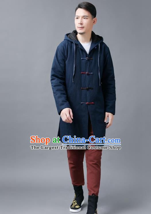 Chinese Traditional Costume Tang Suits National Shirts Mandarin Navy Cotton Padded Coat for Men