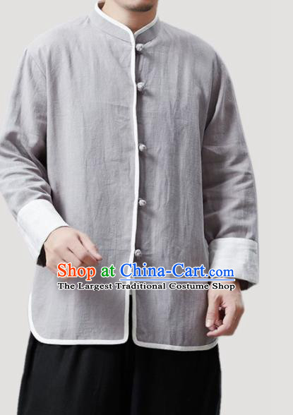 Chinese Traditional Costume Tang Suit Grey Shirts National Mandarin Outer Garment for Men