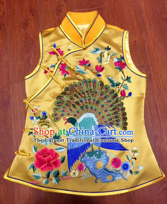 Chinese Traditional Costume Tang Suit Embroidered Yellow Vest National Silk Waistcoat for Women
