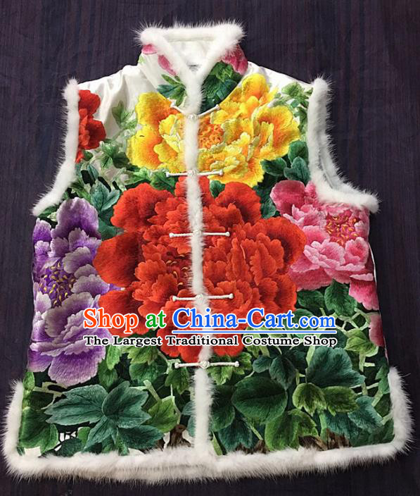 Chinese Traditional Costume Tang Suit Embroidered Peony Vest National White Silk Waistcoat for Women