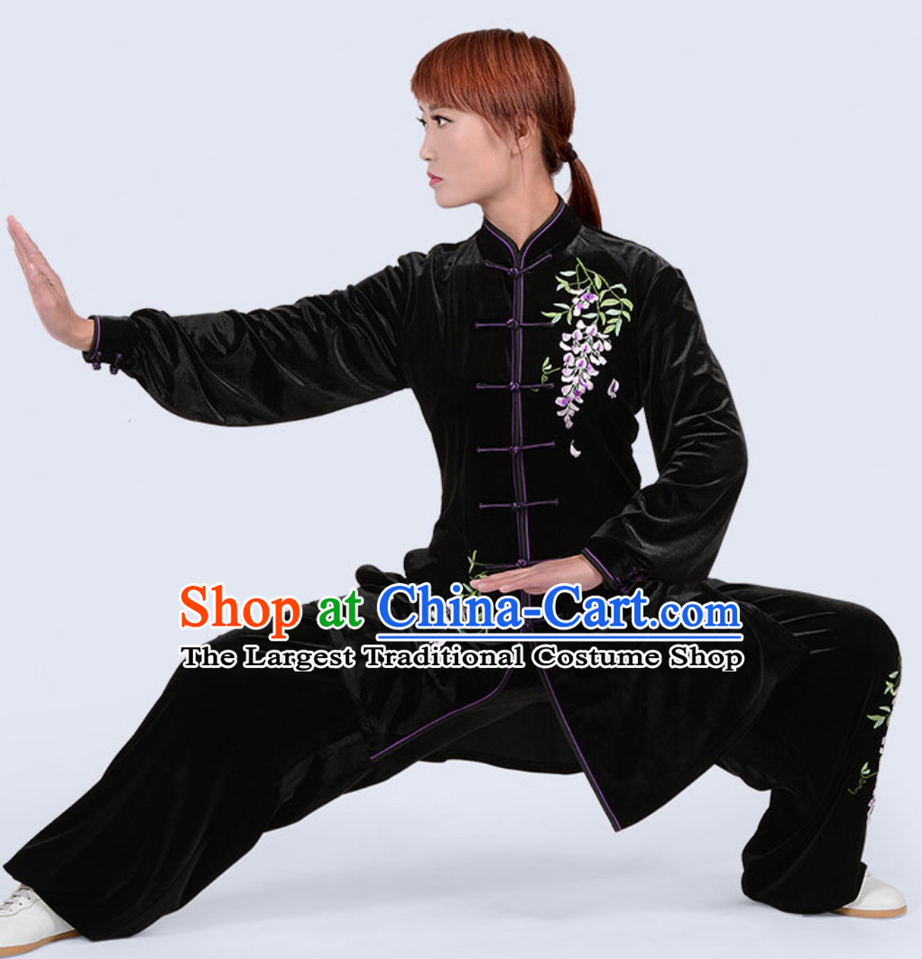 Black Top Winter Wear Velvet Asian Embroidered Tai Chi Clothes Martial Arts Dresses Complete Set for Women