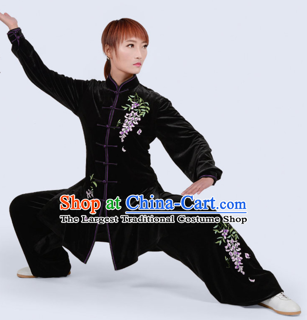Black Top Winter Wear Velvet Asian Embroidered Tai Chi Clothes Martial Arts Dresses Complete Set for Women