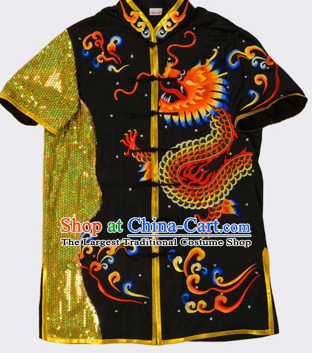 Black Top Short Sleeves Asian Embroidered Dragon Tai Chi Clothes Martial Arts Uniform Complete Set for Men or Women