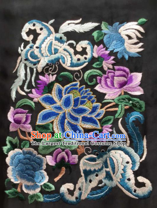 Chinese Traditional Handmade Embroidery Craft Embroidered Lotus Butterfly Black Silk Patches
