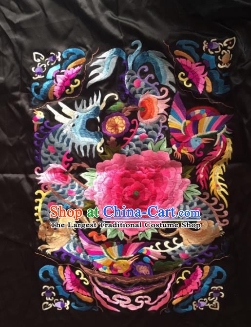 Chinese Traditional Handmade Embroidery Craft Embroidered Dragon Peony Black Silk Patches