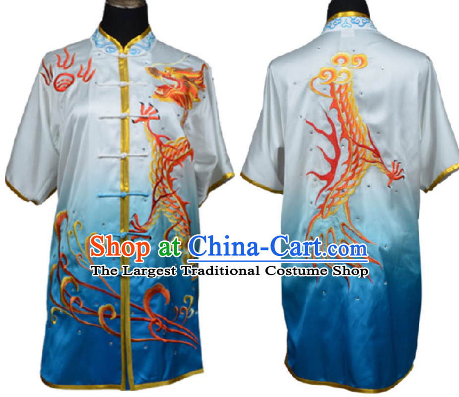Top Color Transition Chinese Embroidered Phoenix Dragon Gongfu Outfits Martial Arts Suit Complete Set for Men or Women