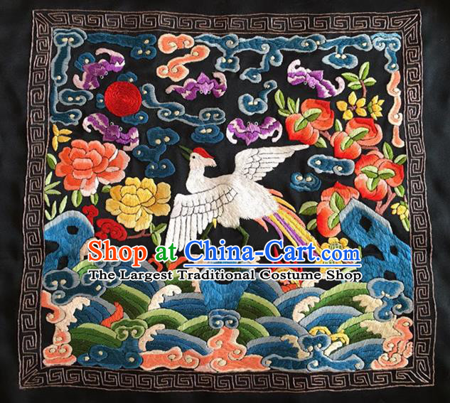 Chinese Traditional Embroidered Crane Peony Silk Patches Handmade Embroidery Craft