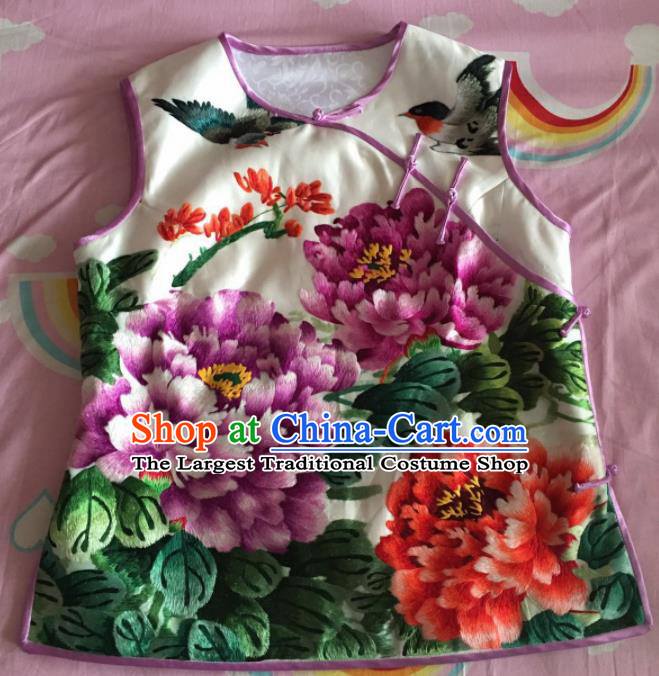 Chinese Traditional Costume Tang Suit Embroidered Peony White Silk Qipao Vest for Women