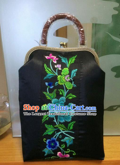 Chinese Traditional Embroidered Peony Black Handbag Handmade Embroidery Craft Silk Bags