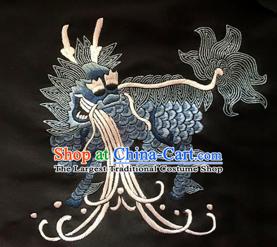 Asian Chinese Traditional Embroidered Kylin Navy Silk Patches Handmade Embroidery Craft
