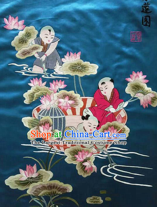 Chinese Traditional Embroidered Lotus Blue Cloth Patches Handmade Embroidery Craft Silk Fabric
